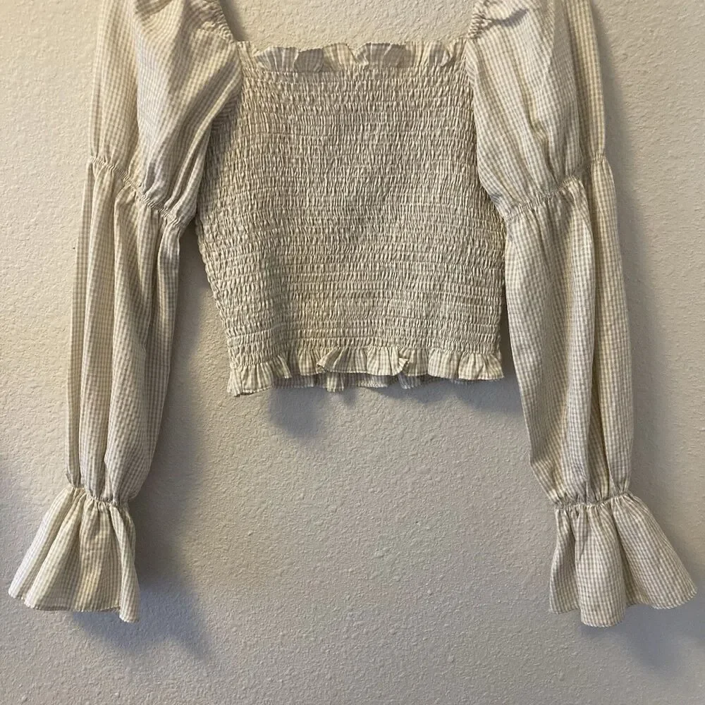 Superdown Womens Blouse Size XS Smocked Puff Sleeve Cropped Gingham Babydoll Top - Picture 6 of 11